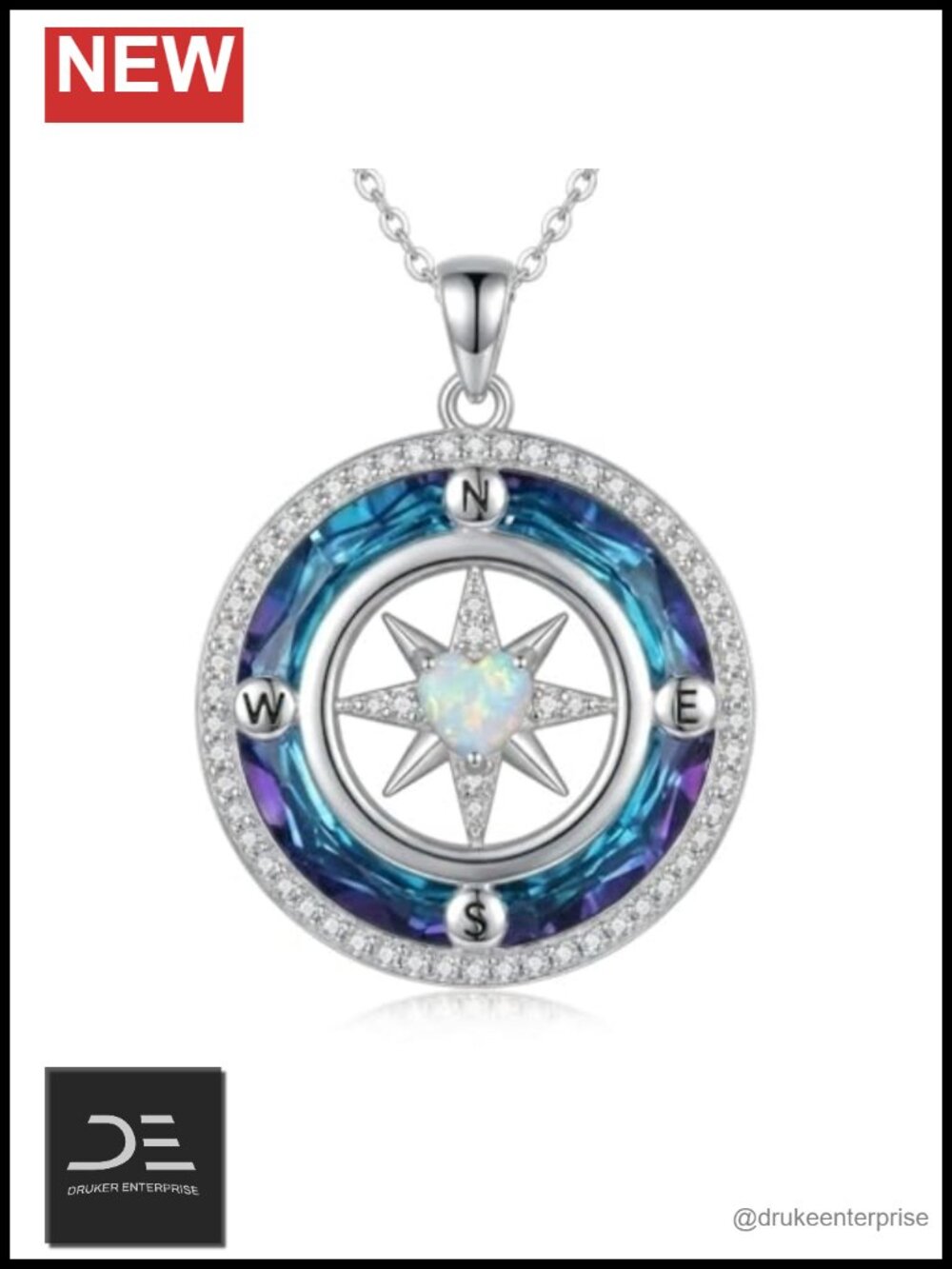 18K White Gold Plated Compass Necklace Opal Inlay 18+2 Inch Adjustable